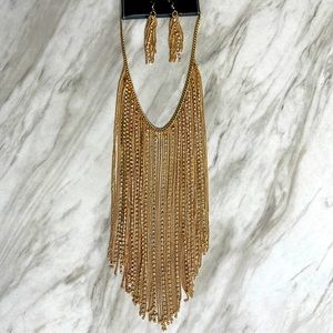 Curtain Gold Chains and Rhinestones Statement Necklace with matching earrings